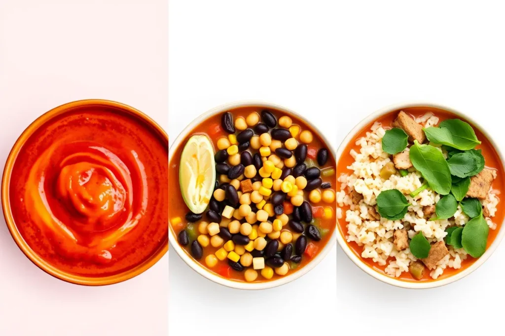 Image showcasing three variations of Taco Soup Frios: spicy, vegetarian, and low-carb.