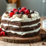 Chocolate fudge icebox cake with chocolate shavings and berries.