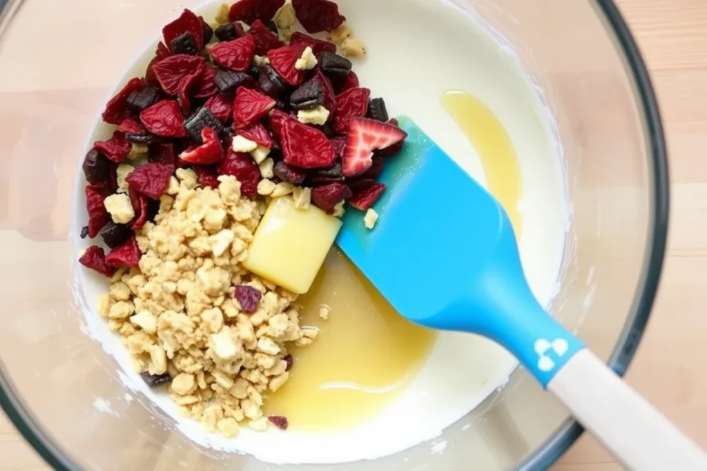 Ingredients for strawberry crunch topping, including freeze-dried strawberries, crushed Oreos, and melted butter