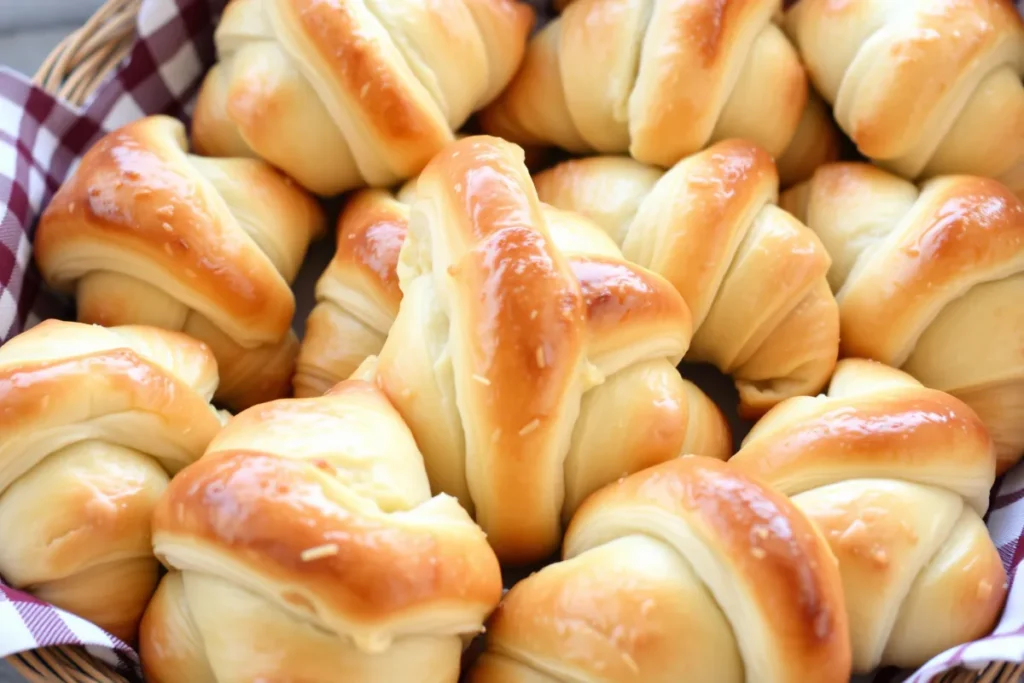 Golden crescent rolls in a basket with butter