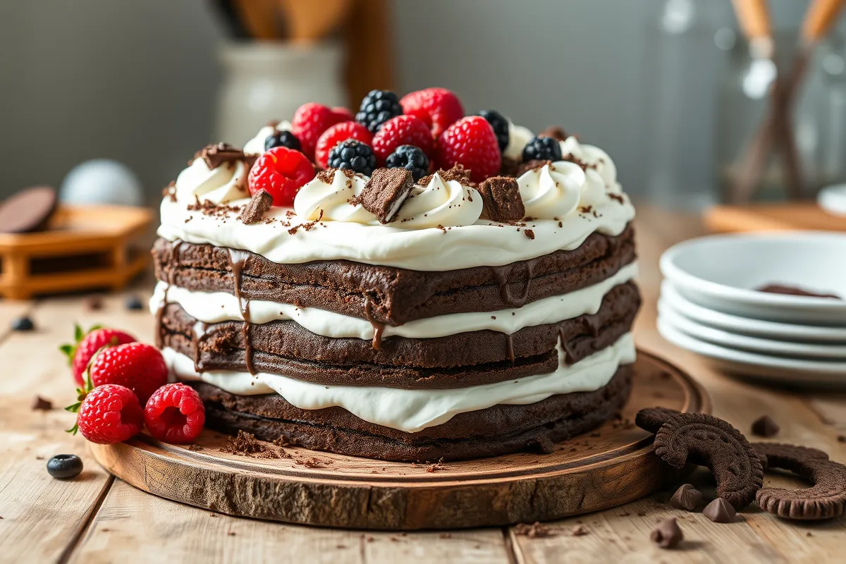 Chocolate fudge icebox cake with chocolate shavings and berries.