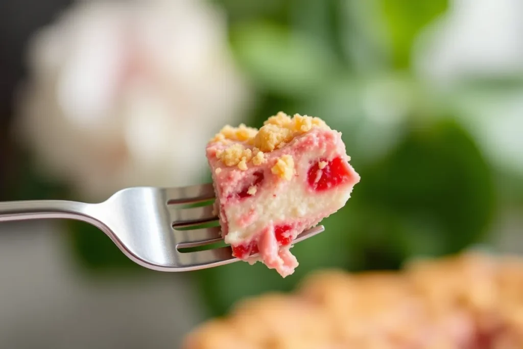 Fork holding a bite of strawberry crunch cheesecake with creamy filling and crunchy topping