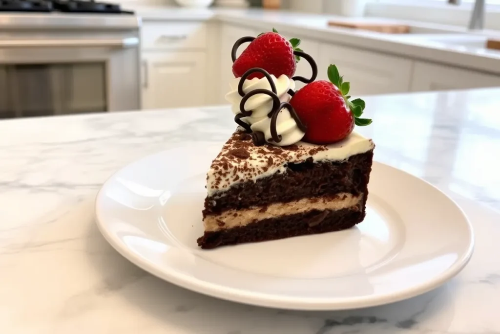 Slice of chocolate fudge icebox cake garnished with whipped cream and strawberry.