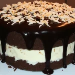 Mounds cake with a chocolate base and coconut filling, topped with toasted shredded coconut