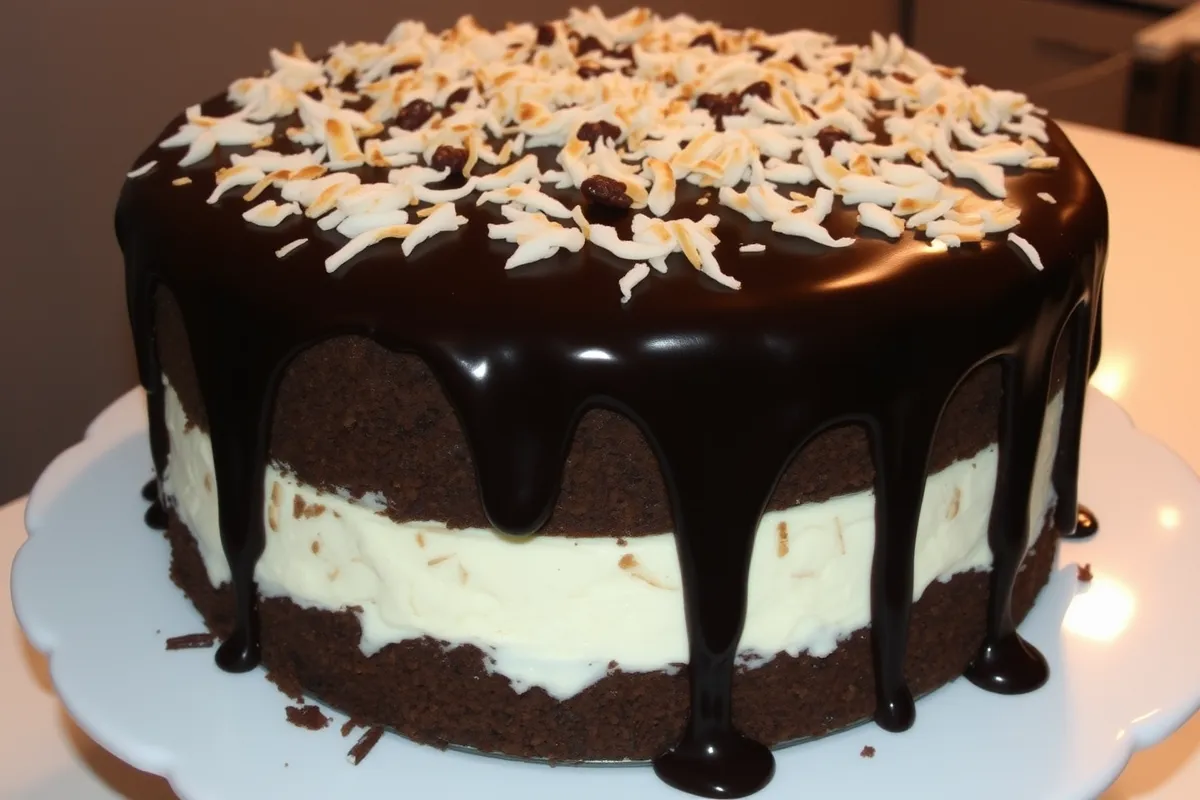 Mounds cake with a chocolate base and coconut filling, topped with toasted shredded coconut