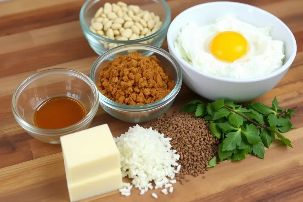 Ingredients for Mounds cake including shredded coconut, chocolate, butter, and cake mix