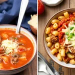 Side-by-side comparison of Hungarian goulash and American beefaroni.