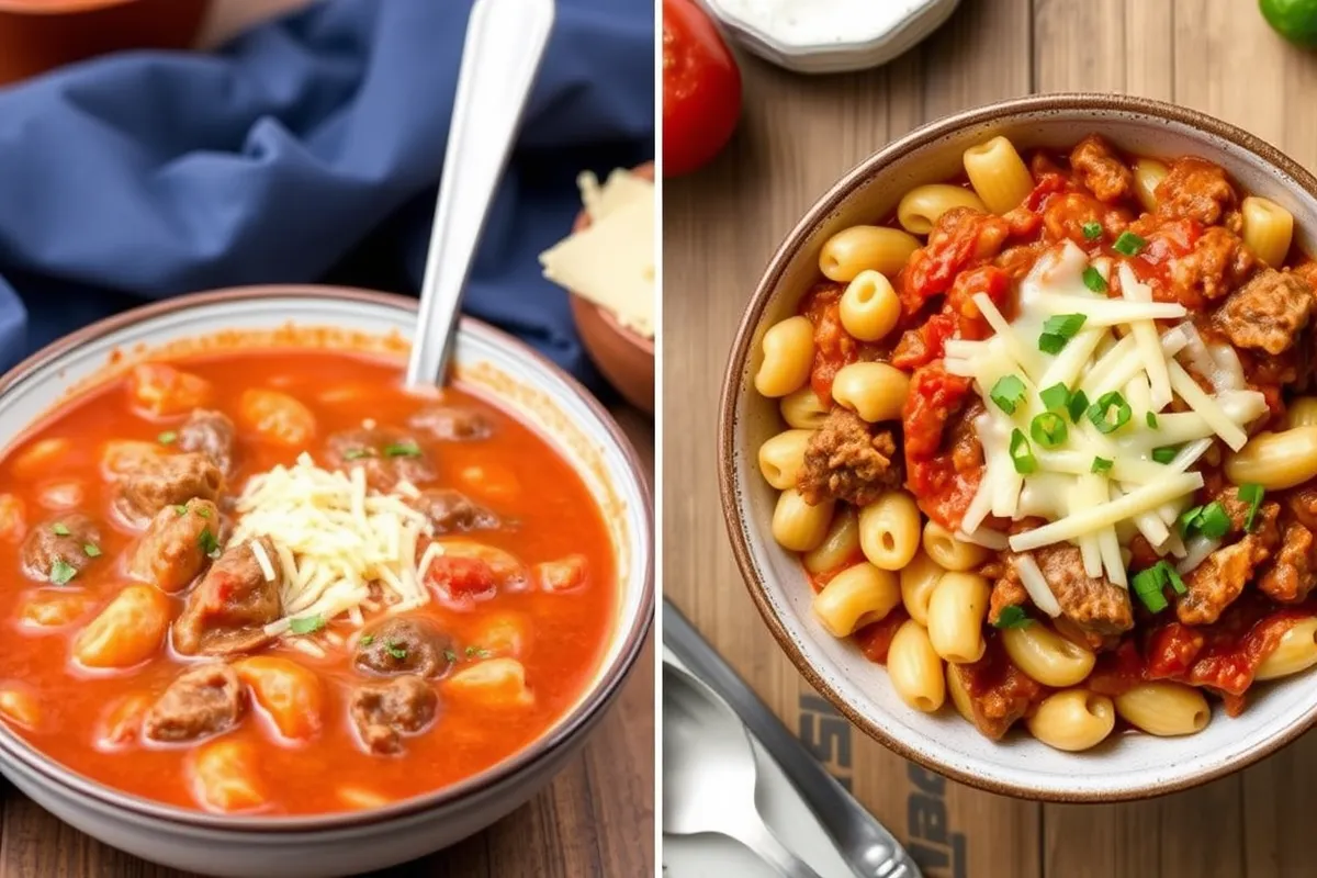 Side-by-side comparison of Hungarian goulash and American beefaroni.