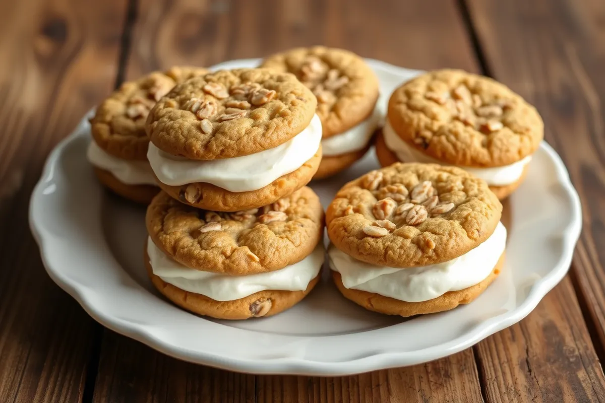 Homemade oatmeal cream pies on a rustic wooden table