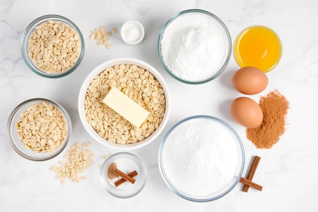 Ingredients for making oatmeal cream pies arranged on a marble countertop.