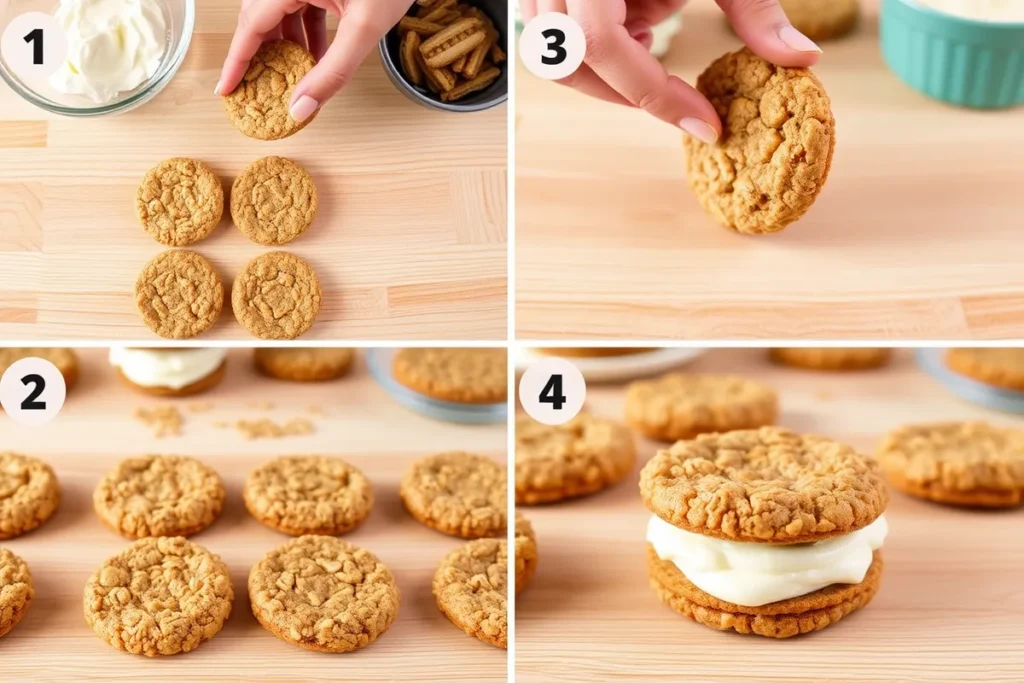 Cookies being filled with cream and sandwiched to make oatmeal cream pies.