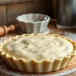 A perfectly baked golden-brown pie crust with a rustic kitchen backdrop