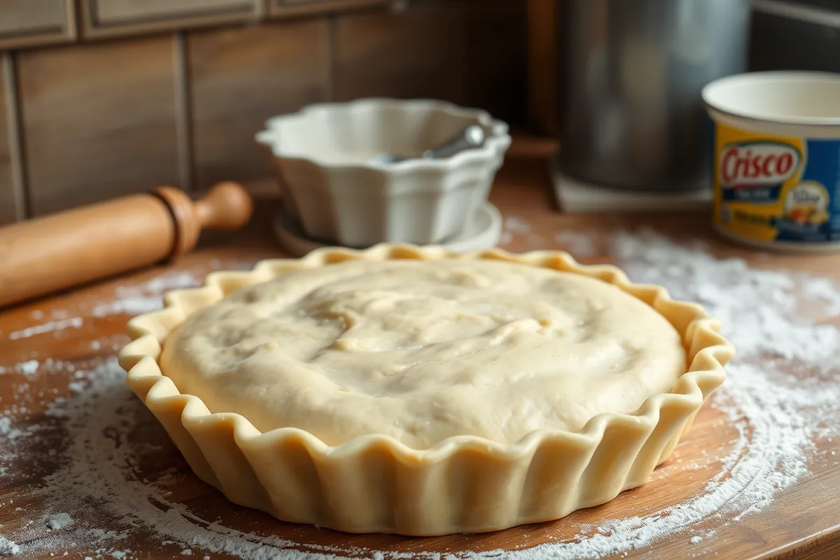 A perfectly baked golden-brown pie crust with a rustic kitchen backdrop