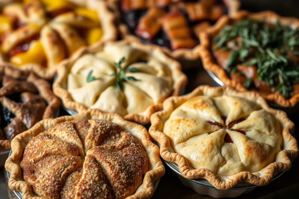 A variety of pies showcasing different crust customizations.