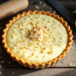 Golden-brown coconut custard pie on a rustic wooden table.