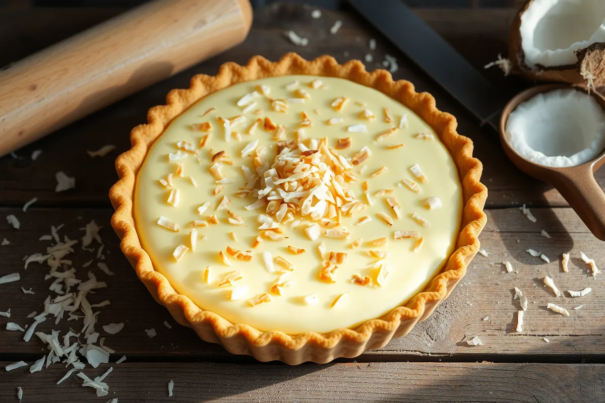 Golden-brown coconut custard pie on a rustic wooden table.