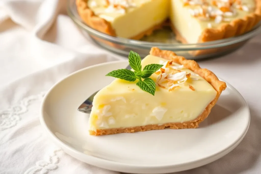 A slice of coconut custard pie garnished with toasted coconut and mint.